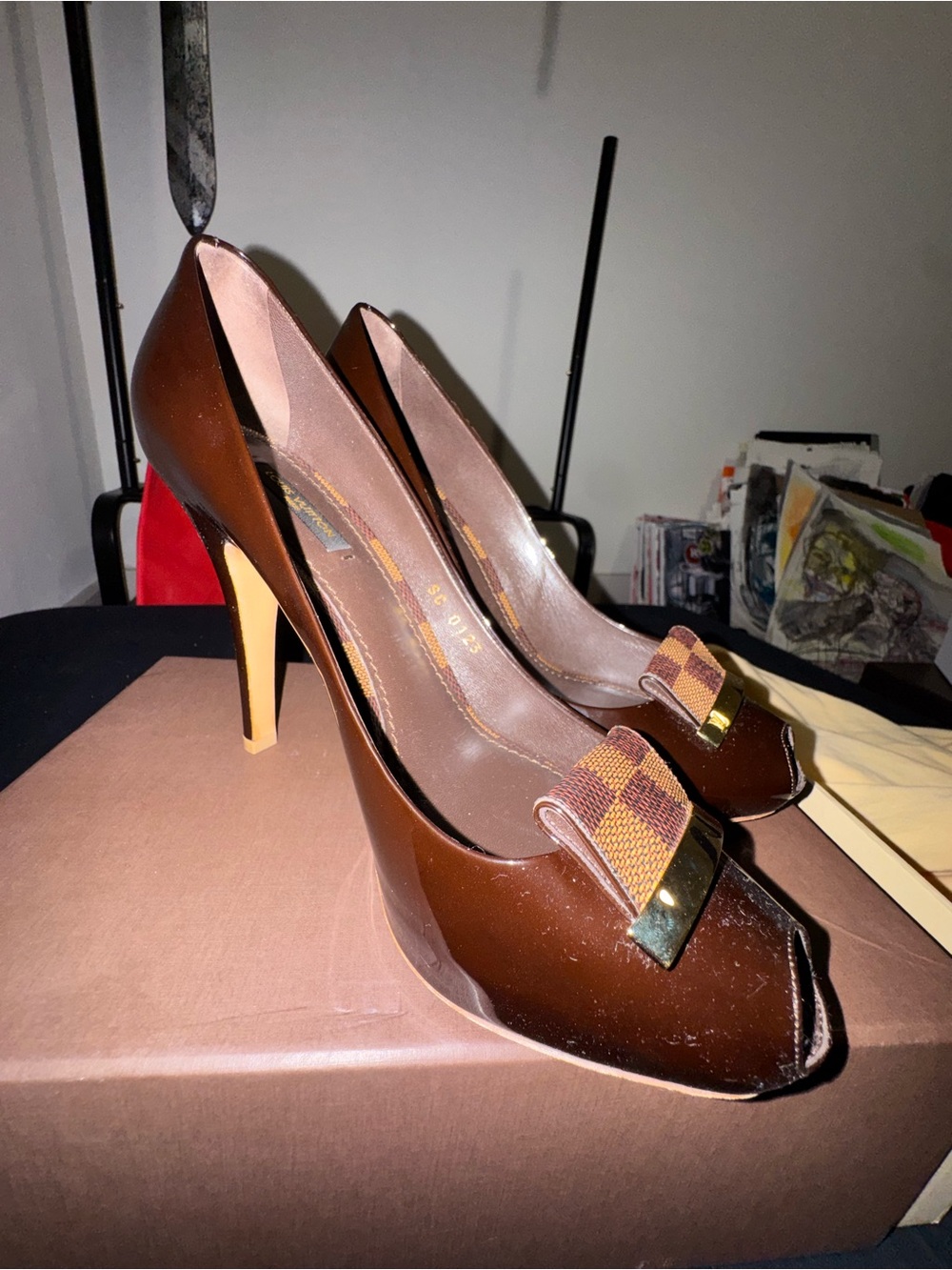 Louis Vuitton Brown Patent Leather High Heel Pumps with Bow Accent - Picture 6 of 9